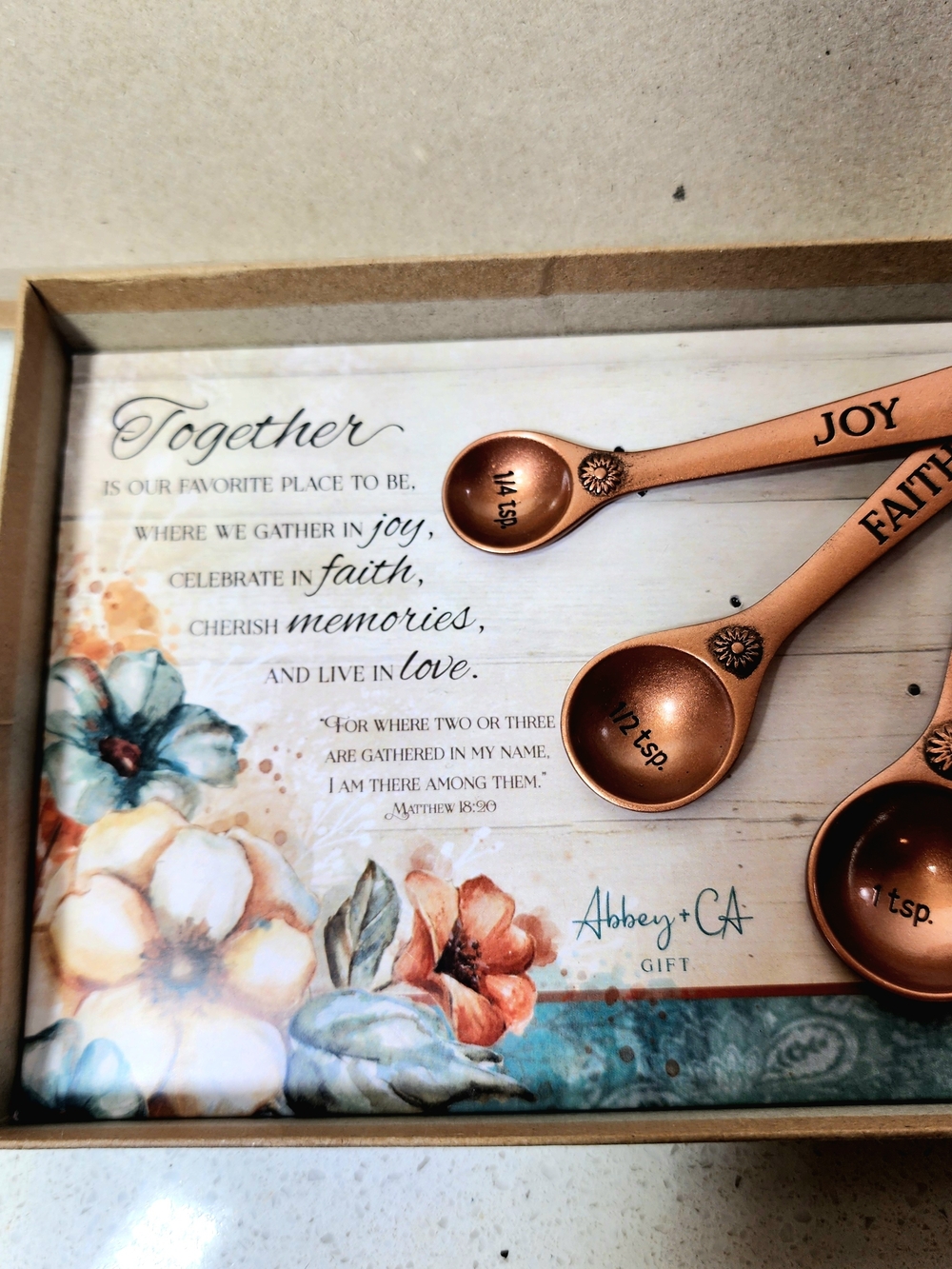 Measuring Spoon Gift Set - Joy Faith Love Memories Cathedral Art Abbey & CA. New - Picture 3 of 5